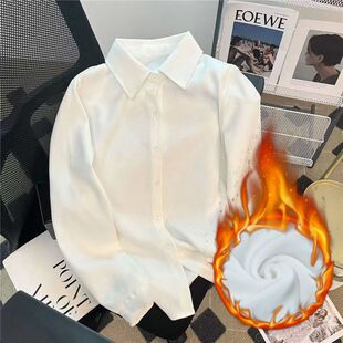 新款秋冬加绒白衬衫女JK长袖韩版修身工装加厚保暖衬衣学生职业装