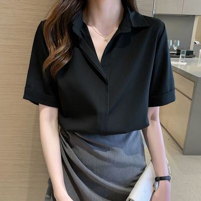 百搭polo领短袖通勤衬衫女2025年夏季新款宽松职业装雪纺衫上衣黑