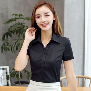 新款 ol修身 V领黑色衬衫 职业装 气质衬衣酒店工作服 女短袖 2025夏季