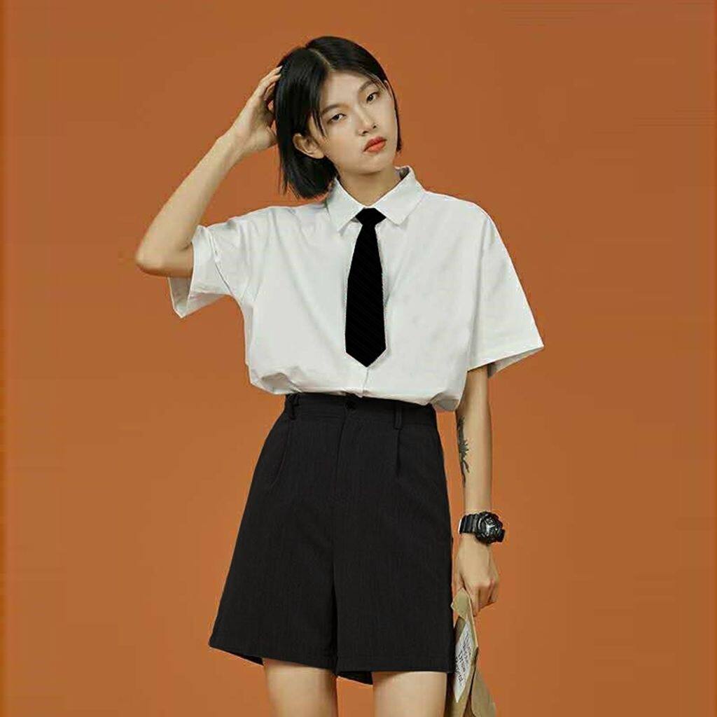 2025夏季新款白色配黑色领带短袖衬衫女学院风jk制服上衣白衬衣潮图片
