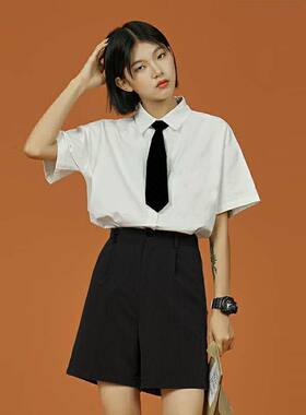 2025夏季新款白色配黑色领带短袖衬衫女学院风jk制服上衣白衬衣潮