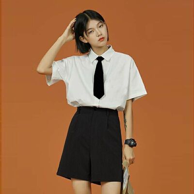 2025夏季新款白色配黑色领带短袖衬衫女学院风jk制服上衣白衬衣潮
