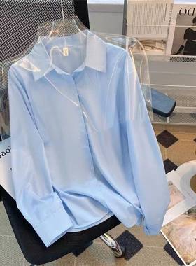 蓝色衬衫女2025春秋设计感小众雪纺上衣韩版长袖职业装宽松白衬衣