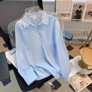 职业装 长袖 宽松白衬衣 女2025春秋设计感小众雪纺上衣韩版 蓝色衬衫