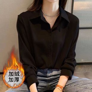 衬衫 黑色翻领长袖 上衣潮 加绒保暖韩版 加绒加厚设计感衬衣秋冬大码