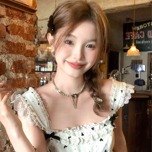 Acaine洛琳少女中长款小飞袖波点吊带连衣裙女夏季法式气质裙子