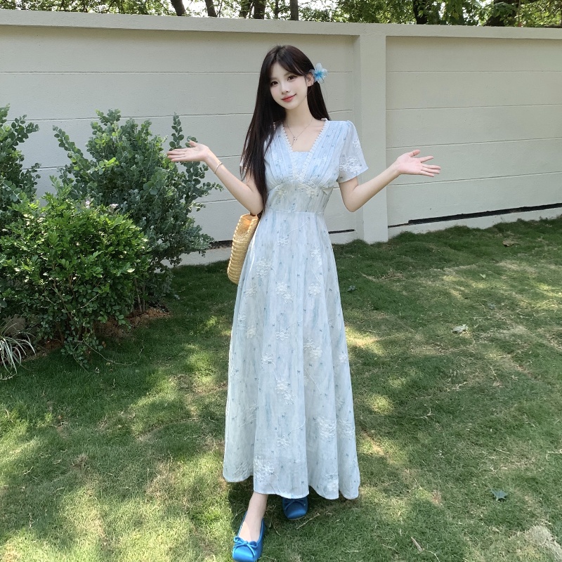 绮丽之梦--复古裙子夏季短袖连衣裙中长款温柔收腰轻奢时尚