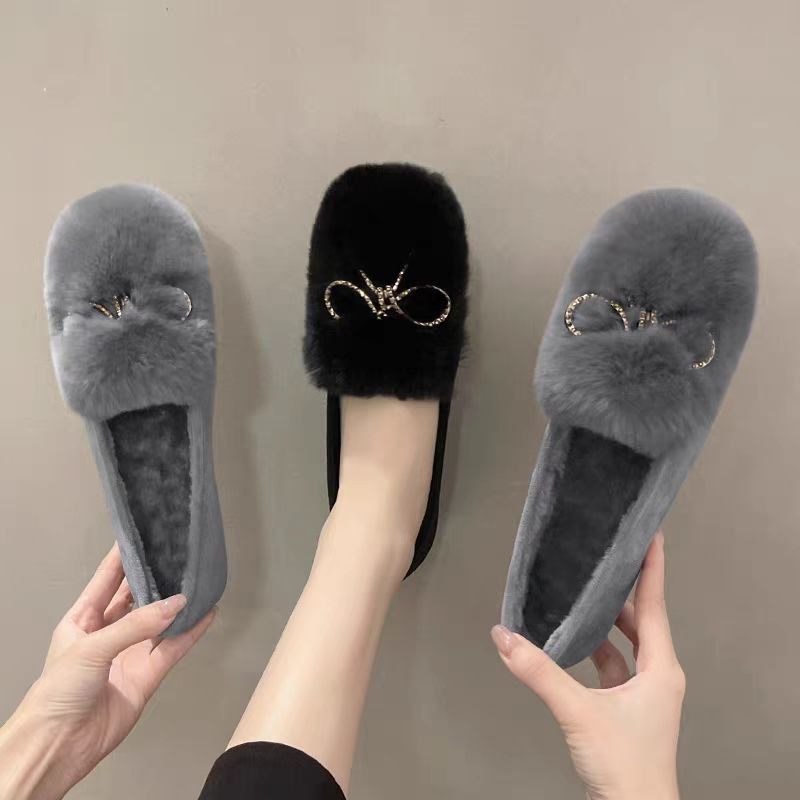 毛毛鞋女冬季加绒保暖懒人一脚蹬平底棉鞋金属装饰,女鞋,棉鞋,淘宝优惠券,粉丝福利购,淘宝优惠卷