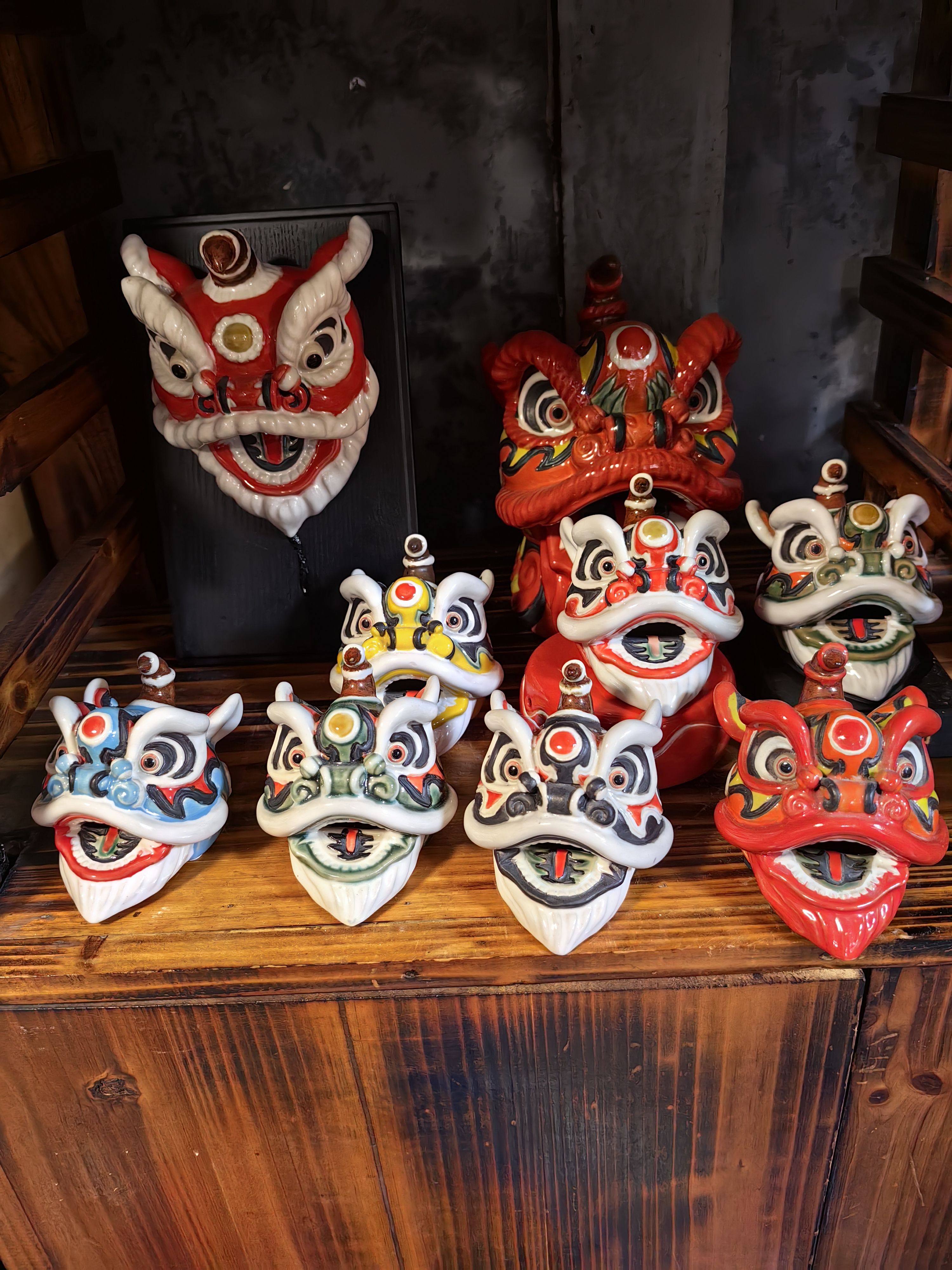 石湾陶瓷佛山岭南醒狮舞狮头招财摆件客厅玄关酒柜办公送礼盒装饰