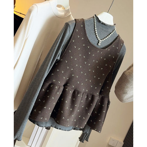 韩系ins复古碎花减龄叠穿外搭毛呢娃娃衫背心+抓绒打底衫两件套装