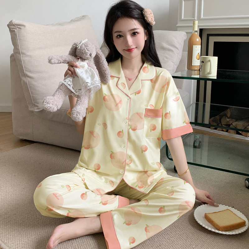 水蜜桃印花大码睡衣女款夏季新款仿棉短袖长裤中年妈妈家居服