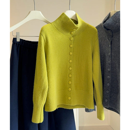 立领包扣毛衣开衫外套女2025秋冬季加厚款单排扣长袖宽松针织上衣