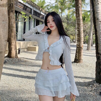 2026高档涤纶性感纯欲比基尼水色调分体泳衣少女度假长袖泳装9195