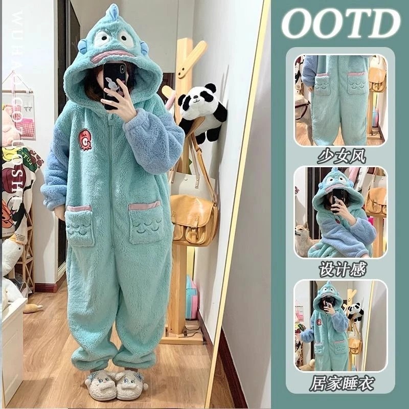 可爱卡通小丑鱼珊瑚连体睡衣秋冬季新款加绒加厚家居服连帽可外