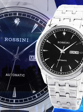 手表男士罗西尼5561新款5561W04C黑色机械钨钢表圈透底镶钻中英双