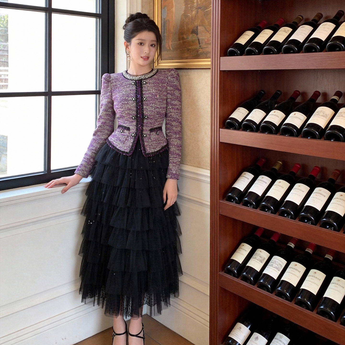 2026新款春装气质镶钻蛋糕网纱连衣裙收腰修身女款轻熟风时尚优雅