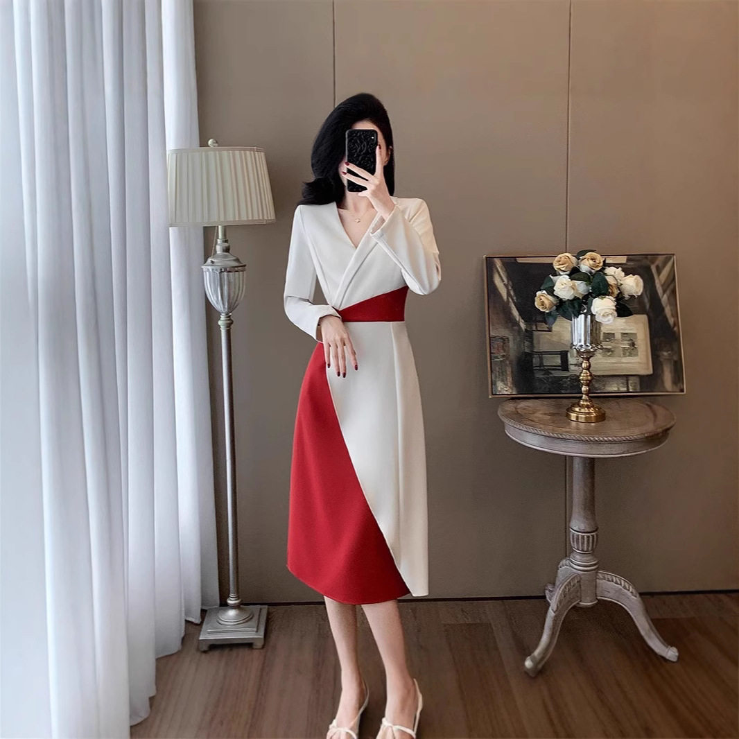 时尚气质OL通勤轻职业连衣裙秋冬新款修身女神御姐正式场合撞色裙