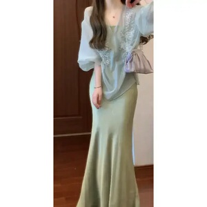 2026新款冷杉薄纱防晒国风连衣裙套装上衣禅意中式复古薄荷女装潮