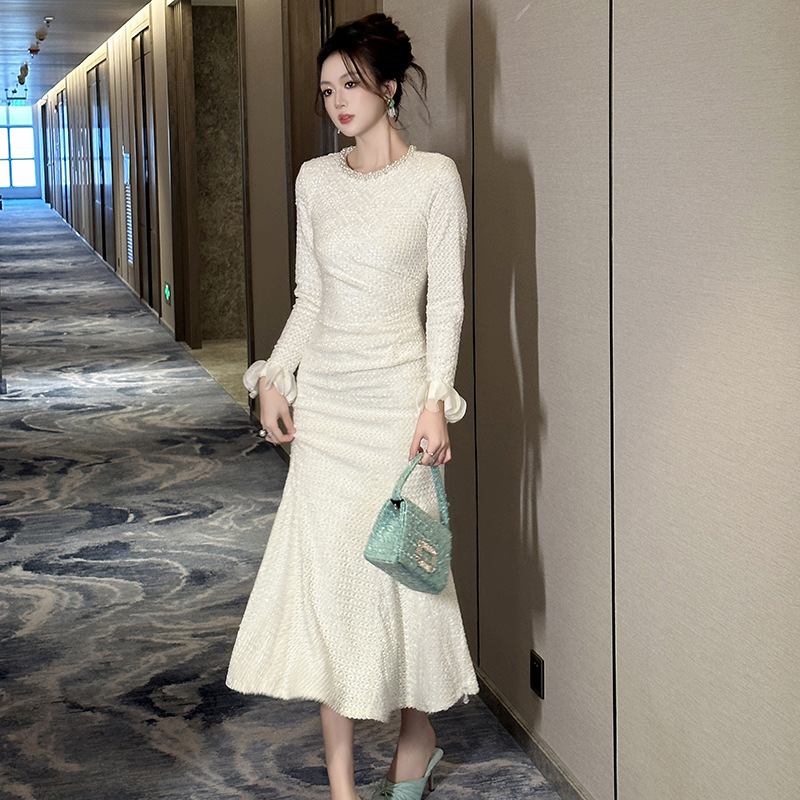 连衣裙钉珠包臀修身蕾丝鱼尾裙