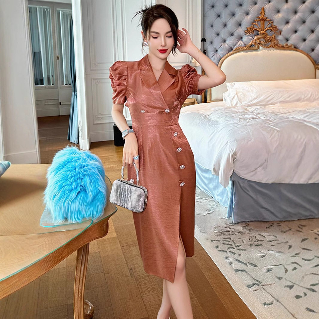 泡泡袖西装连衣裙开叉法式收腰显瘦小众ol通勤韩系气质淑女中长裙