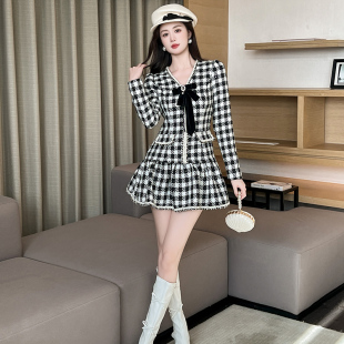 2025秋冬新款小香风蓬蓬收腰毛呢公主裙千金连衣裙气质短款名媛风