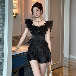 2026夏季新款短袖上衣法式荷叶边收腰女士t恤设计感黑色时尚潮流