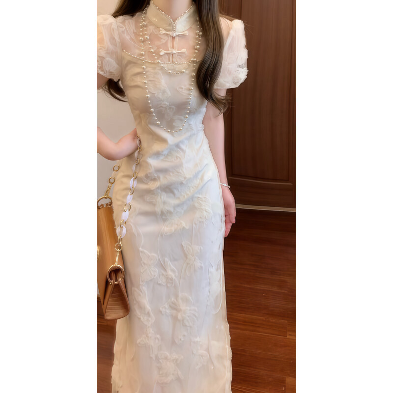 2026新款国风仙气泡泡袖蕾丝连衣裙新中式改良旗袍礼服长裙子飘逸