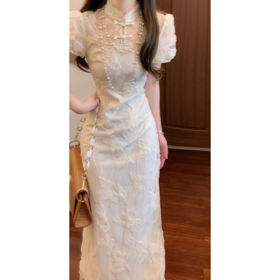 泡泡袖蕾丝连衣裙新中式改良