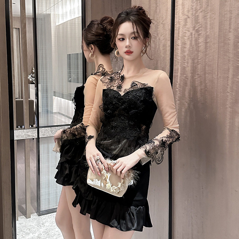 秋装新款女装纯欲风性感网纱拼接