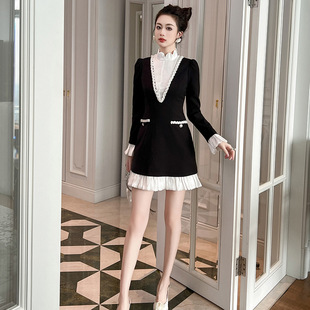 2025新款气质小香风秋装立领拼接连衣裙富家千金修身显瘦撞色裙子