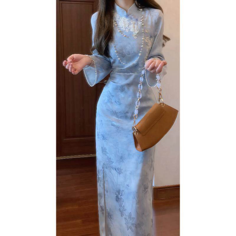 新中式提花改良旗袍女秋季剪花长袖国风连衣裙长裙