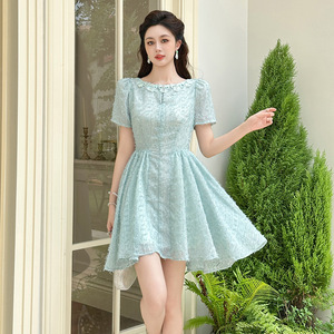 2026新款法式甜美不规则收腰连衣裙小个子女生夏季清新蓬蓬裙短裙