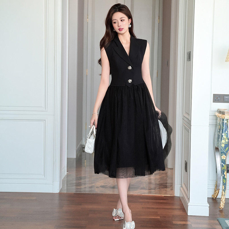 2026夏季新款气质网纱拼接连衣裙女装通勤收腰无袖西装领优雅百搭