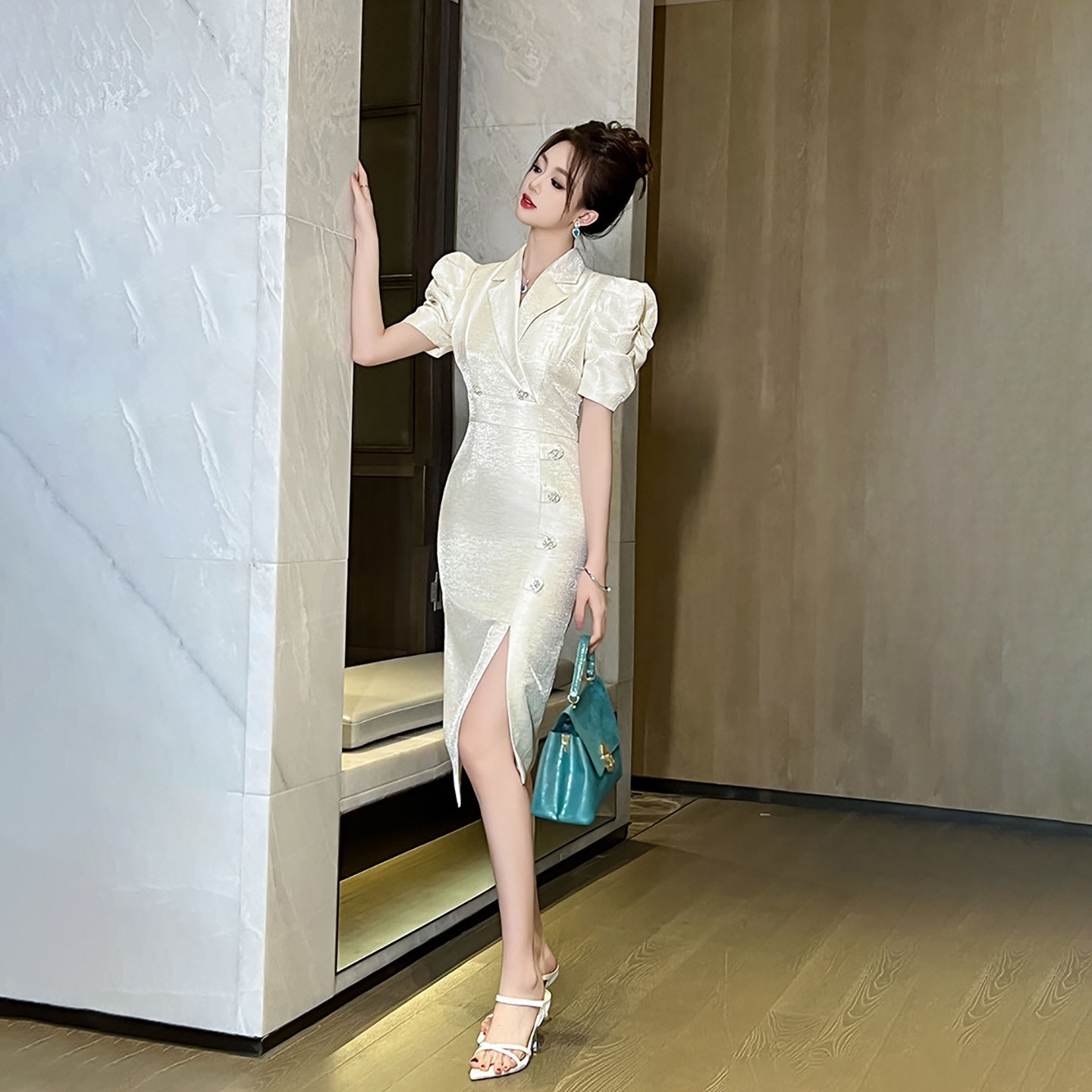 2026夏新款通勤职业女装泡泡袖修身连衣裙女士时尚职业装显瘦正装