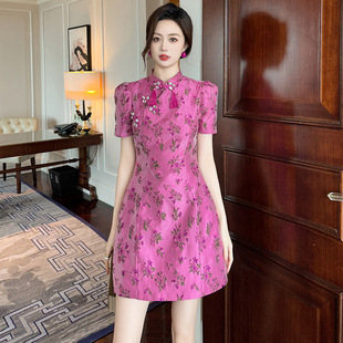 2025新款日常可穿小香风连衣裙女装小个子粉色碎花民国风旗袍短款