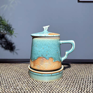 原产地钧窑陶瓷茶杯带盖办公杯茶水分离泡茶过滤会议杯海纳百川杯