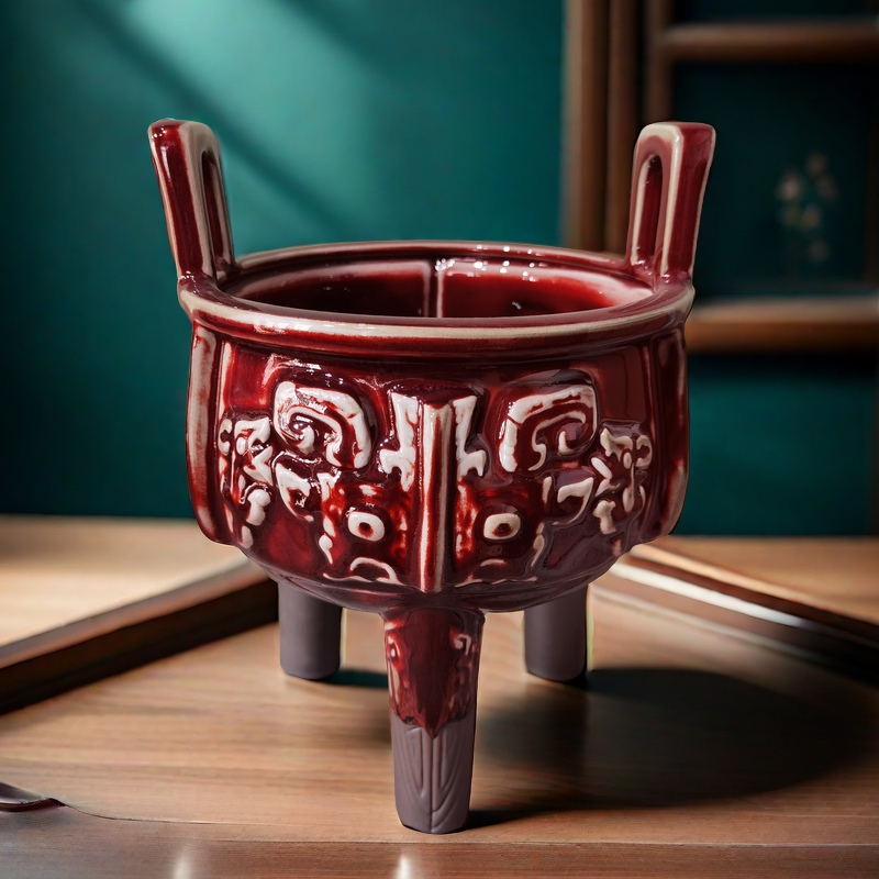钧瓷复古香炉大号家用室内三足香熏炉供奉专用兽面纹中国红檀香炉