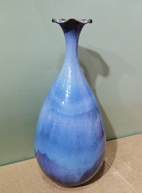 钧瓷窑变蓝色艺术花瓶摆设炭烧荷口玉壶春手拉胚大号客厅插花赏瓶