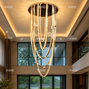 水晶客厅大吊灯现代轻奢别墅复式楼大吊灯自建房高档挑空楼梯吊灯