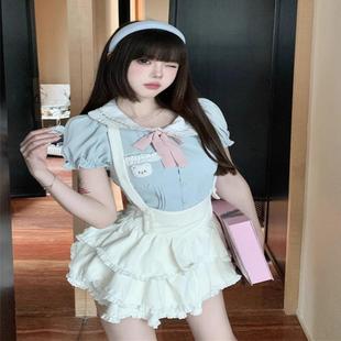 收腰显瘦背带短裙套装 胖mm甜辣妹泡泡袖 大码 娃娃领衬衫 上衣女夏季