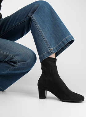 Fermina 简约圆头弹力绒面瘦瘦靴女粗跟高跟短靴黑色通勤风女靴秋