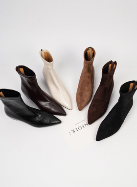 Fermina 尖头弹力瘦瘦靴女中跟短靴秋季新款通勤风单靴子黑色女靴