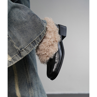 保暖文艺女鞋 Fermina 女高跟粗跟方头加绒单鞋 毛毛乐福鞋 时髦 新款