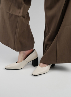 Fermina通勤风浅口单鞋女粗跟高跟鞋白色上班女鞋显瘦气质四季鞋