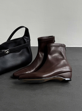 Fermina 通勤瘦瘦靴秋冬新款方头弹力绒面短靴女粗跟高跟女靴黑色