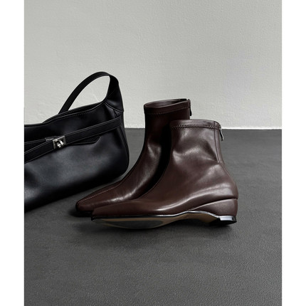 Fermina 通勤瘦瘦靴秋冬新款方头弹力绒面短靴女粗跟高跟女靴黑色