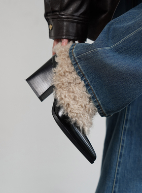 Fermina 尖头毛毛单鞋粗跟加绒高跟鞋秋季新款保暖设计感时髦女鞋