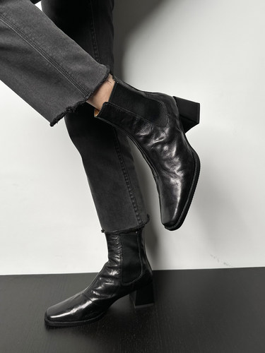 复古真皮短靴女粗跟切尔西靴