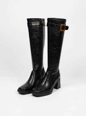 Fermina 方头皮带扣不过膝弹力长靴女不过膝高跟瘦瘦靴长筒靴高筒