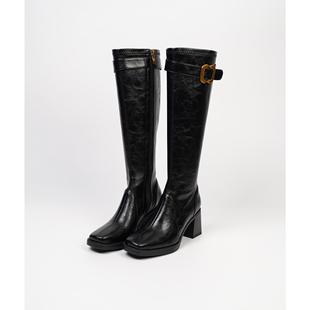 Fermina 方头皮带扣不过膝弹力长靴女不过膝高跟瘦瘦靴长筒靴高筒